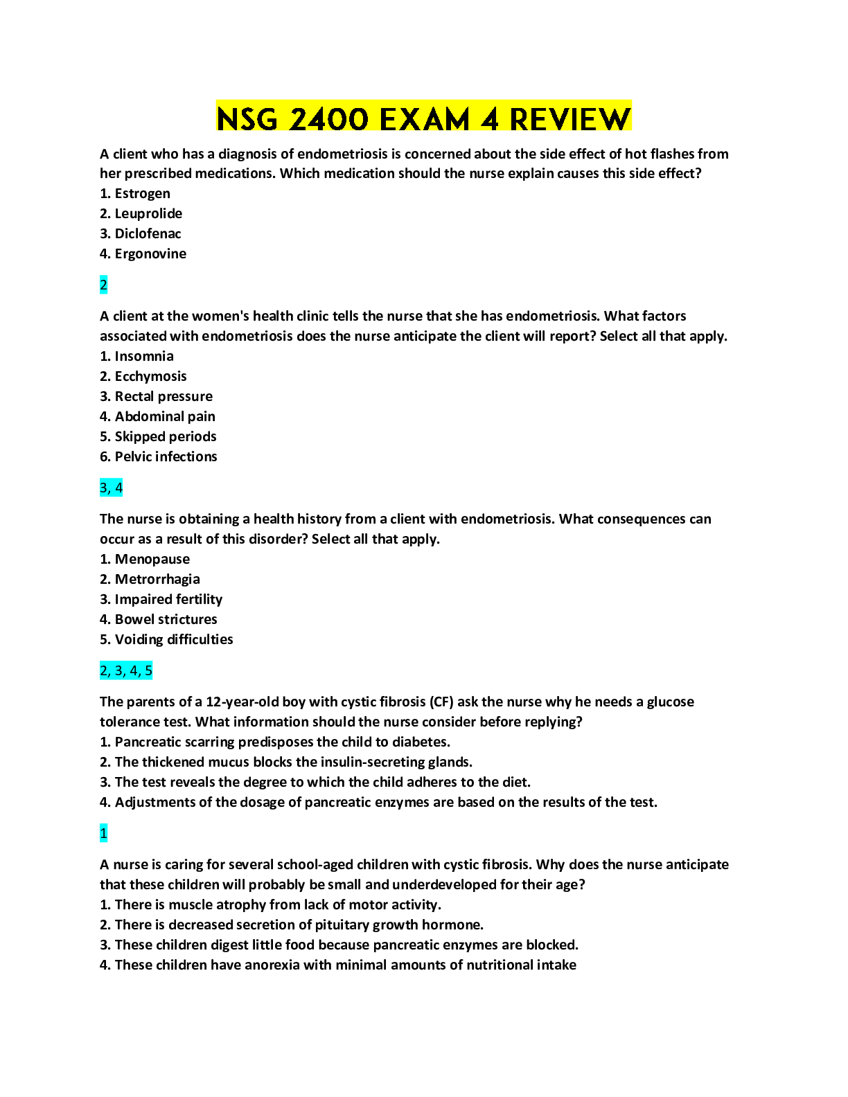 Preview image for NSG 2400 EXAM 4 REVIEW (Questions & Answers)